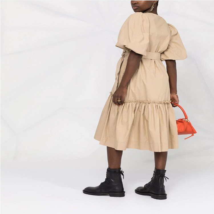 Front Slit, Round Neck, Five-point Lantern Sleeves, Pleated Hem, With Over-knee Length