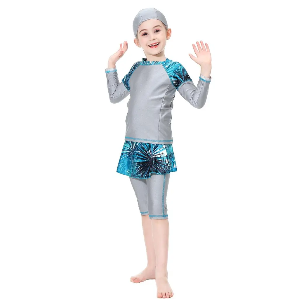 Swimsuit Conservative Dress With Long Sleeves - Grey
