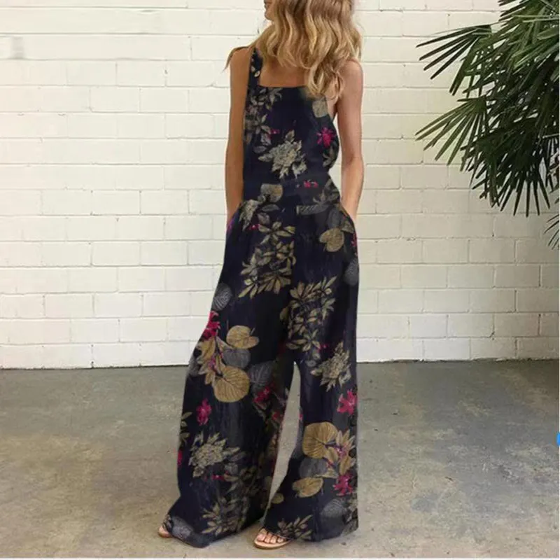 Cotton And Linen Printed Button Trim Suspenders Jumpsuit - Safflower On Black