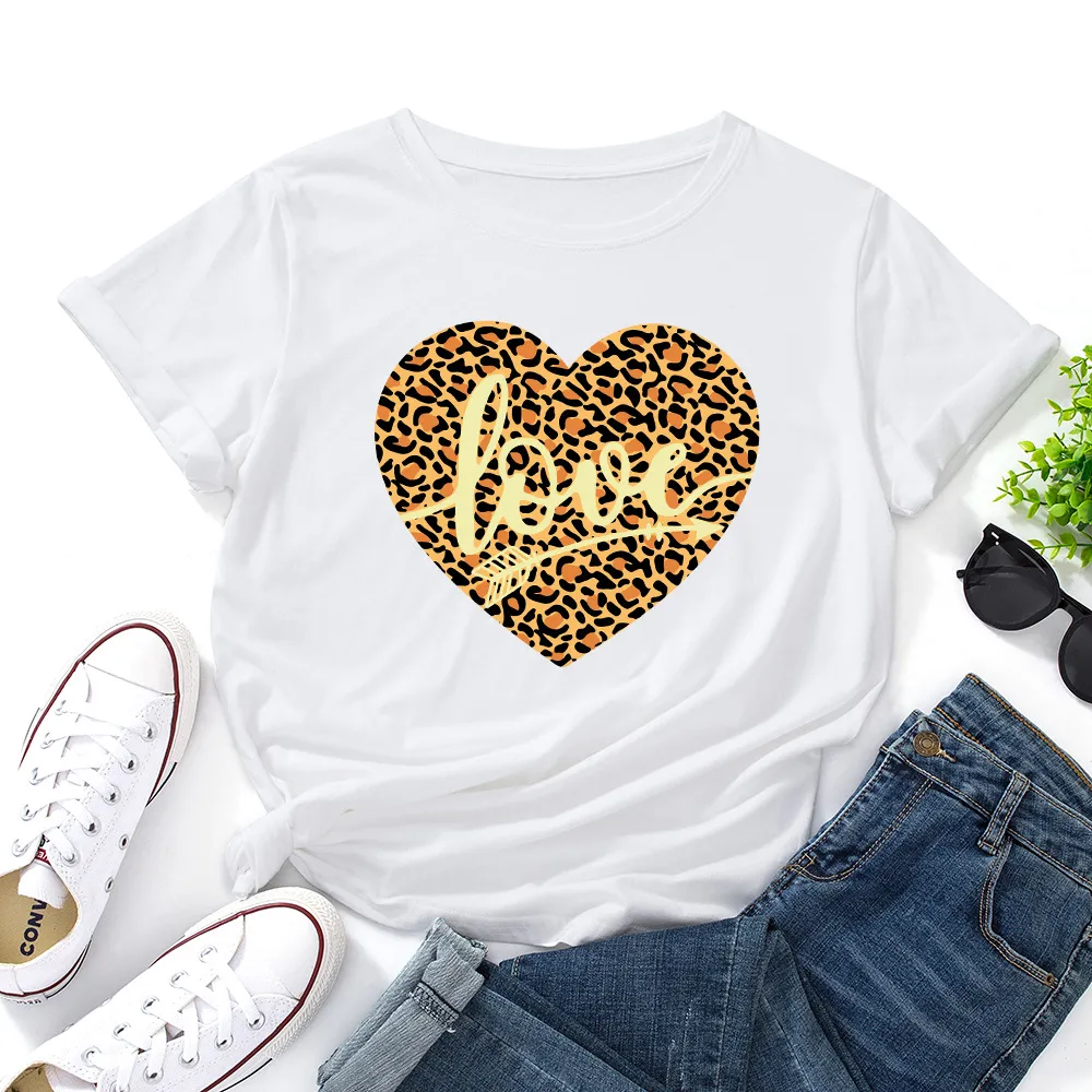 European And American Women's Leopard Love Print Loose Round - White