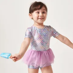 One-piece Sleeve Swimsuit Small, Medium and Big Kids' Boxer Skirt Hot Spring Swimsuit - Fish Scale Print-130Cm - View 1