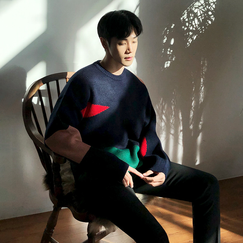 Thick Color-blocking Round Neck Lazy Loose Knit Sweater