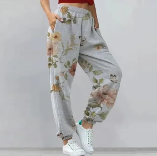 Women's Fixed Flower Loose Casual Trousers Grey - Shop at LoveMi