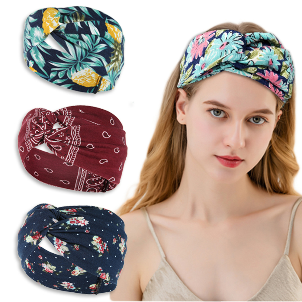 Women's Printed Knitted Wide-Brimmed Cross Headband