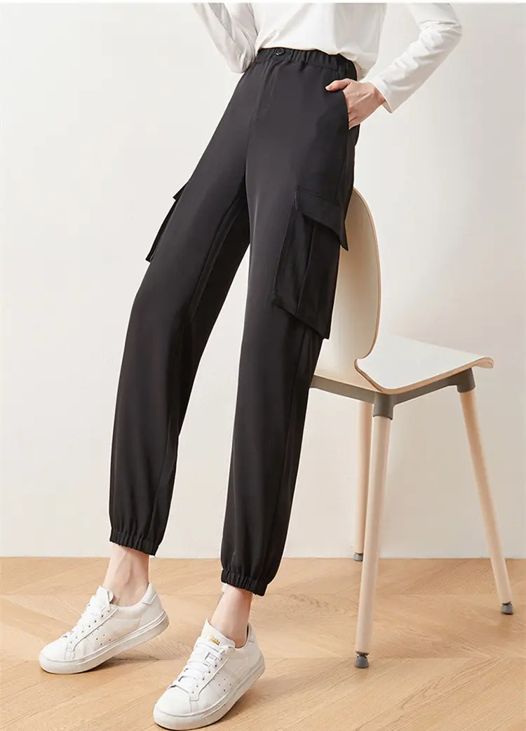 Cargo Pants Elastic High Waist Cropped Trousers Casual