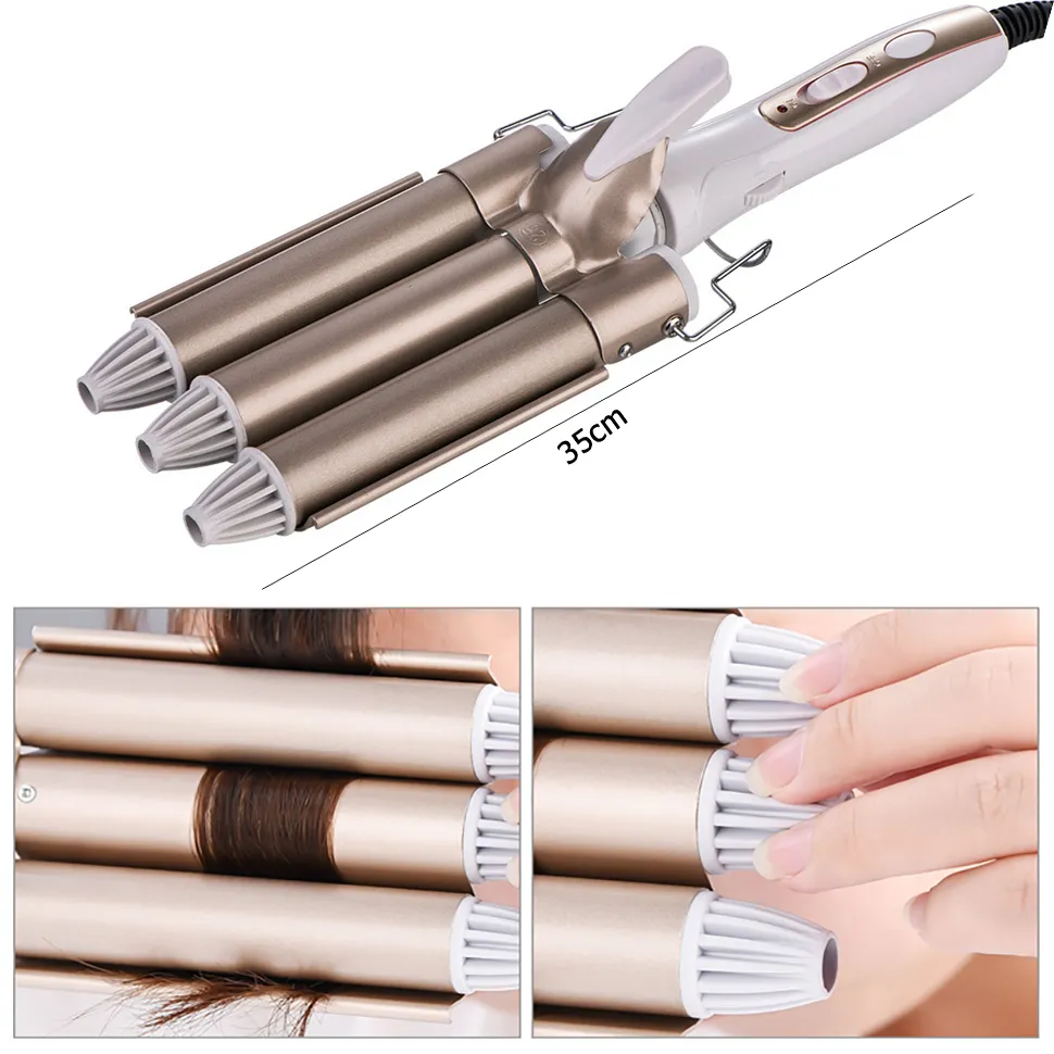 Three-Cylinder Ceramic Ion Big Wave Ceramic Curling Iron Three-Cylinder Curling Iron - Gold