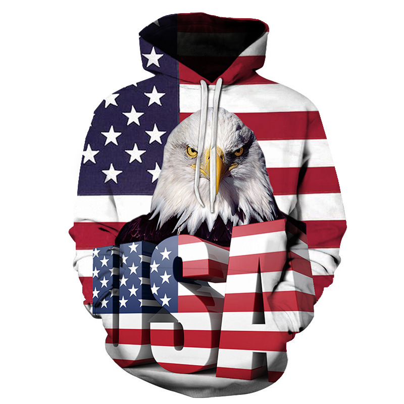New Aliexpress Flag Eagle 3D Digital Printing Hooded Men'S Sweater Factory Direct Sales Support Customization