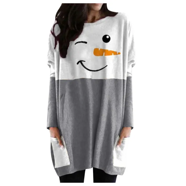 Stand Alone Snowman Print Long Sleeve Pocket Long T Shirt White - Shop at LoveMi