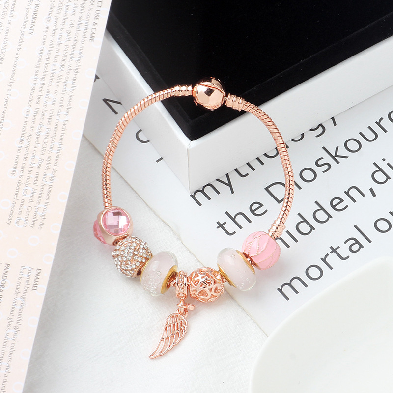 Rose Gold Glass Bead Bracelet Angel Wing Pendant Bracelet