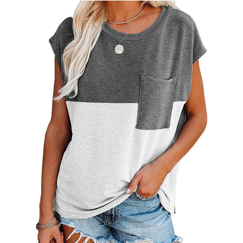 Loose Short-sleeved Printed Stitching Pocket T-shirt Top