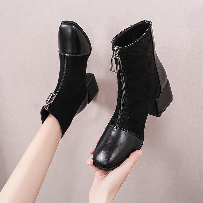 Women's Shoes Retro Square Toe Front Zipper Martin Boots