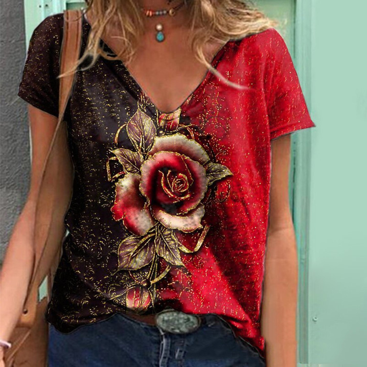 Title 2, Summer V-neck 3D Rose Short-Sleeved Loose T-shirt