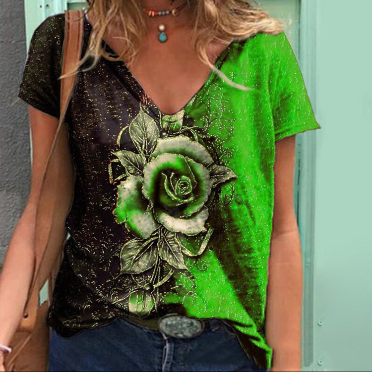 Title 4, Summer V-neck 3D Rose Short-Sleeved Loose T-shi...