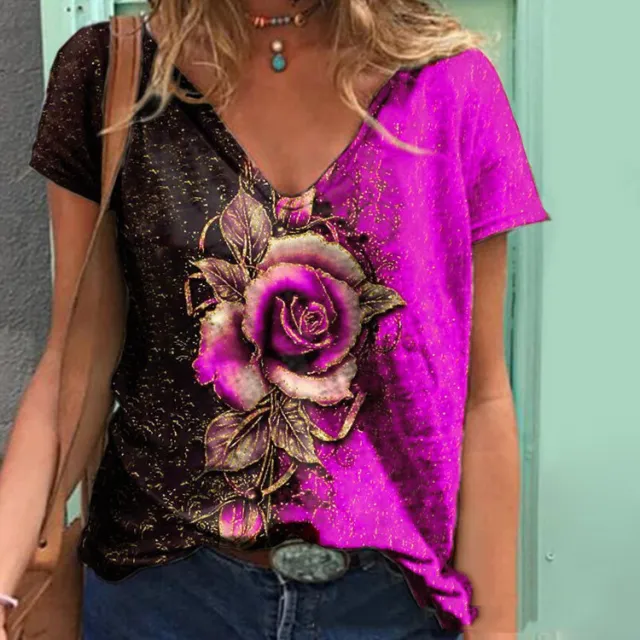 Summer V neck 3D Rose Short Sleeved Loose T shirt Purple - Shop at LoveMi