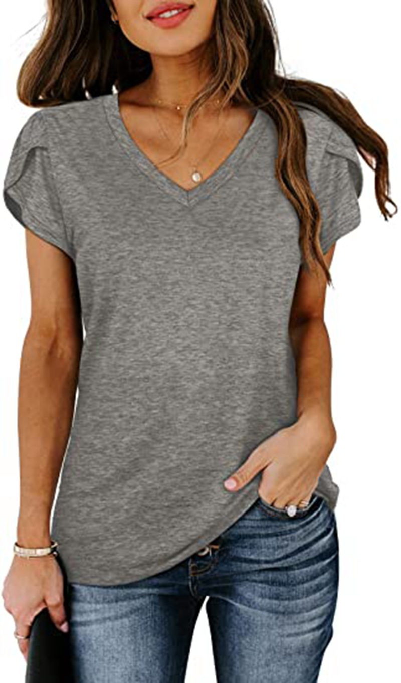 Women's V-Neck Petal Sleeve Summer T-Shirt – Elegant & Breezy