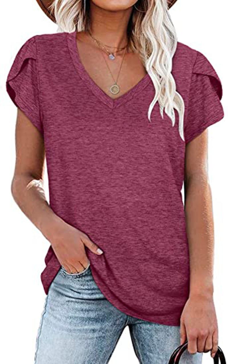 Women's V-Neck Petal Sleeve Summer T-Shirt – Elegant & Breezy