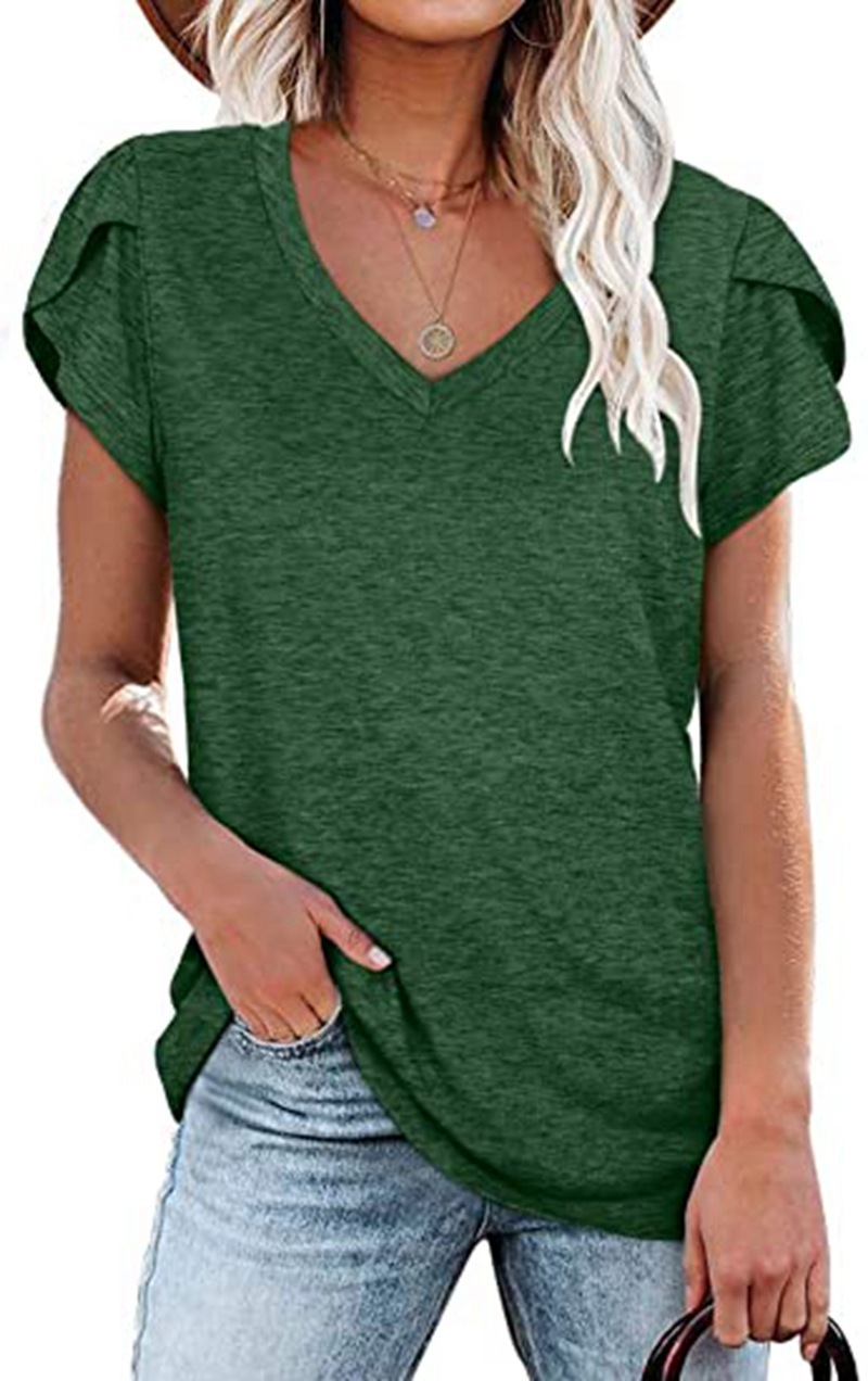 Summer New Style v-neck Petal-sleeved Short-sleeved T-shirt Women