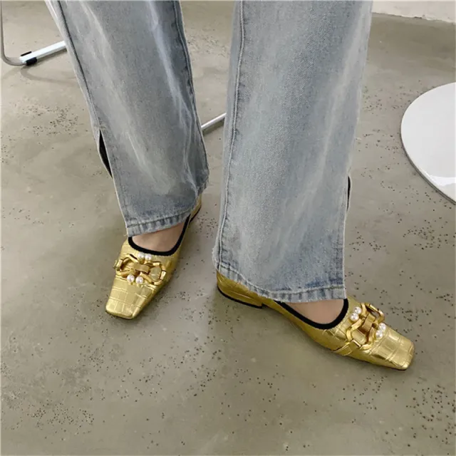 Square Toe Flat Shoes With Soft Sole And Pearl Metal Buckle Gold - Shop at LoveMi