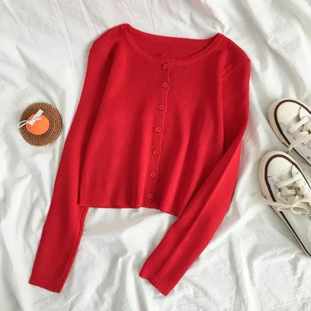 High Waisted Single Breasted Long Sleeved Blouse Women'S Spring Knit Cardigan Slim Slim Short Jacket Red - Shop at LoveMi