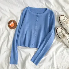 High-Waisted Single-Breasted Long-Sleeved Blouse Women'S Spring Knit Cardigan Slim Slim Short Jacket - Blue - View 1