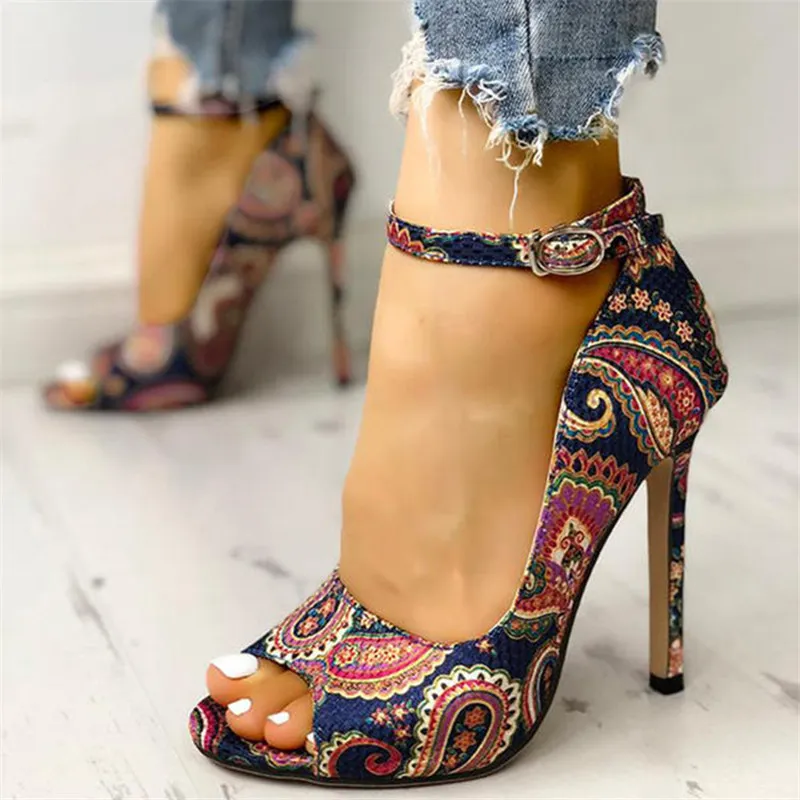 Fish Head Design High Stiletto Heel Buckle Strap Ladies Plus Size Sandals - Color-36