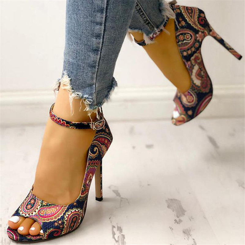 Fish Head Design High Stiletto Heel Buckle Strap Ladies Plus Size Sandals