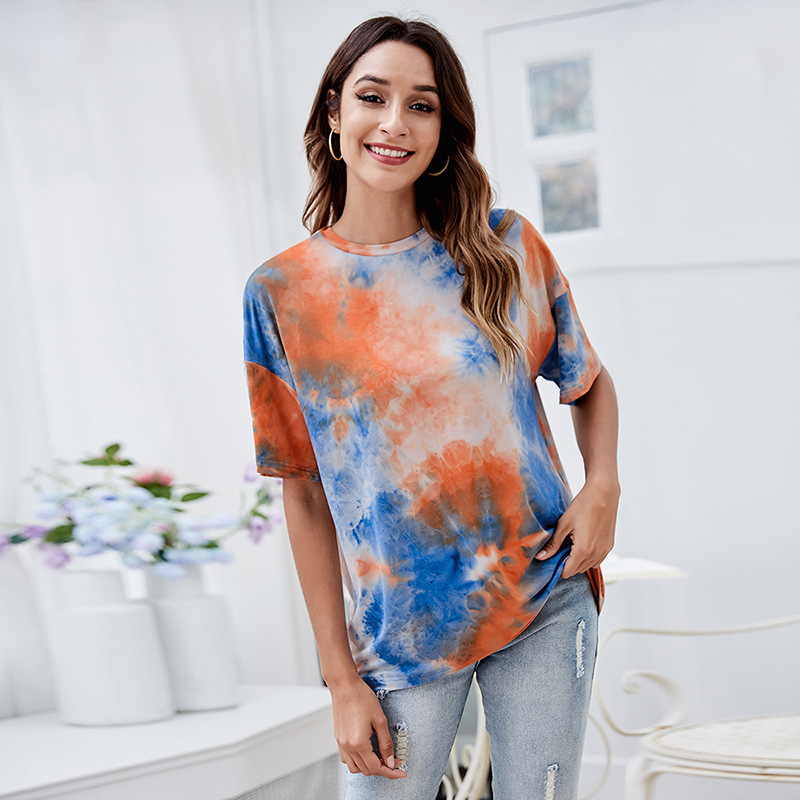 Tie-Dyed Milk Silk T-Shirt, Round Neck Pullover, Short-Sleeved Casual Loose T-Shirt