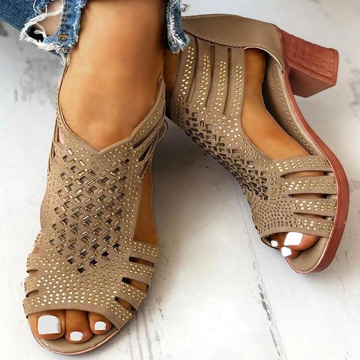 Rhinestone Women's Shoes Fish Mouth Fashion High Heels Thick Heel Roman Sandals Khaki - Shop at LoveMi