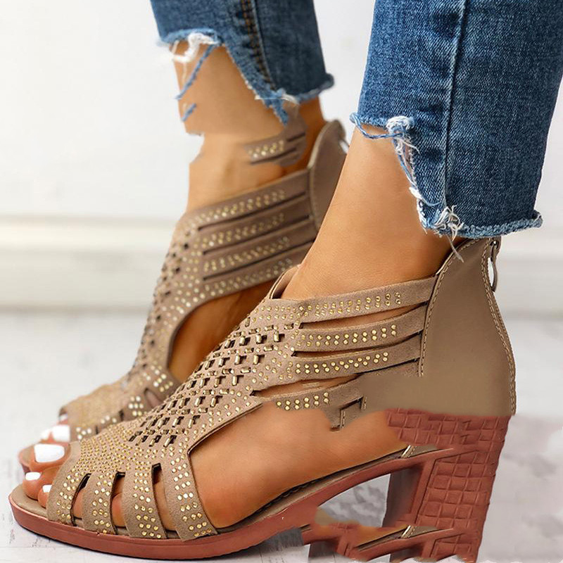 Rhinestone Women's Shoes Fish Mouth Fashion High Heels Thick Heel Roman Sandals