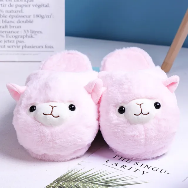 Cartoon Rainbow Alpaca Rabbit Plush Cotton Slippers Autumn And Winter Home Warm Floor Shoes Indoor Non Slip Shoes For Girls Pink - Shop at LoveMi