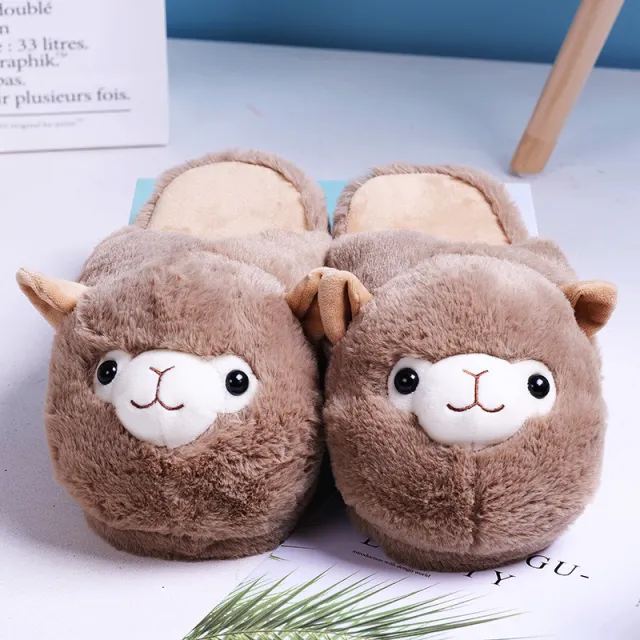 Cartoon Rainbow Alpaca Rabbit Plush Cotton Slippers Autumn And Winter Home Warm Floor Shoes Indoor Non Slip Shoes For Girls Brown - Shop at LoveMi