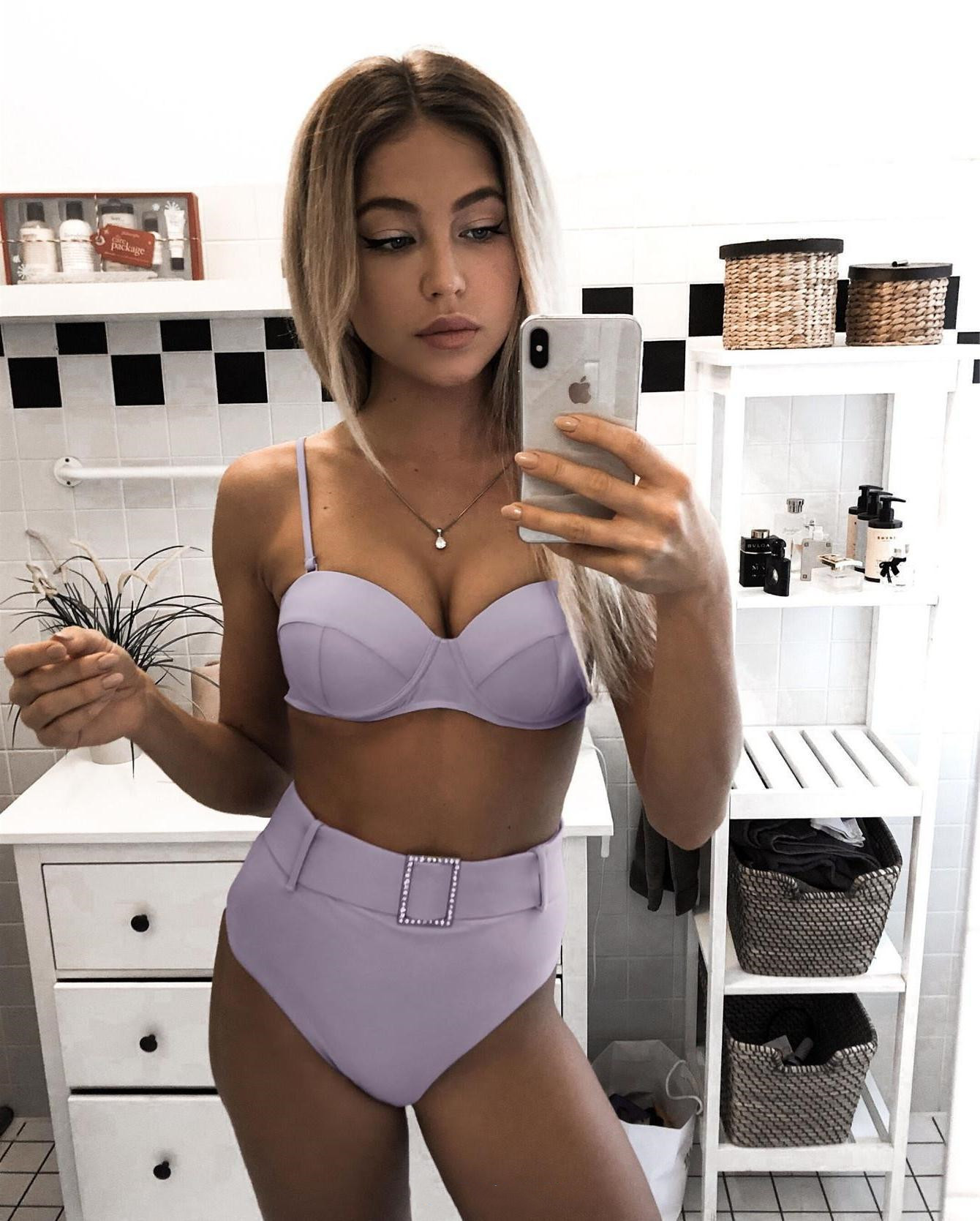 Solid Color Sexy Hard Bag Gathered High Waist Bikini