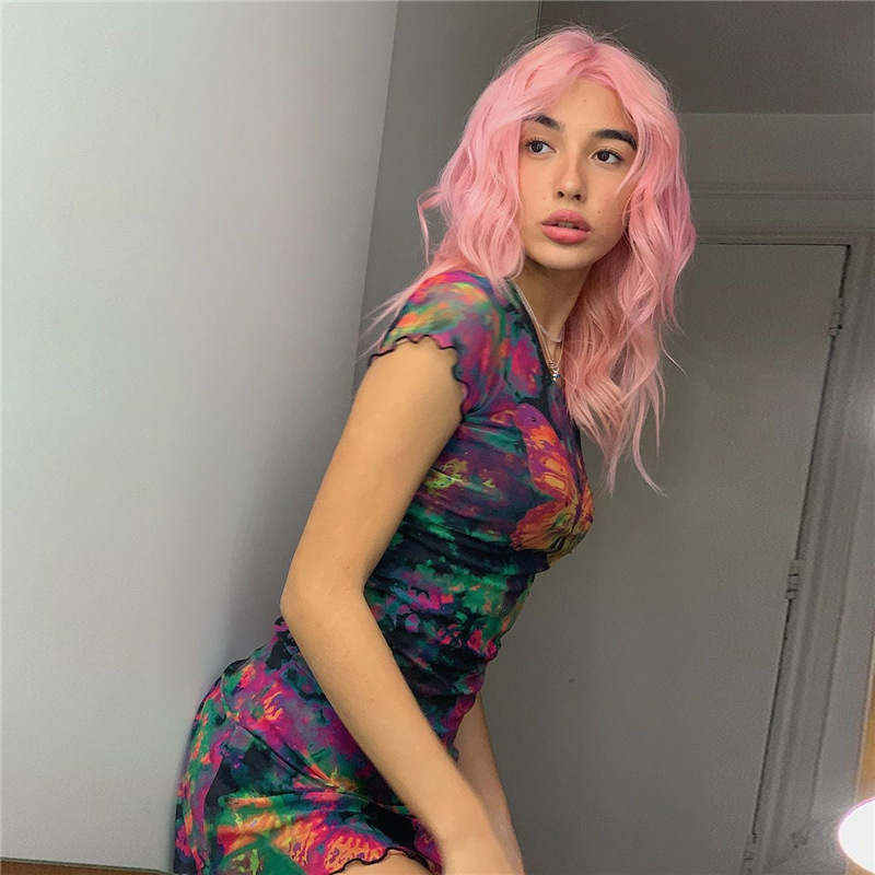 Women's Sexy Mesh Butterfly Printed Slim High Waist Short Sleeve Dress Hollow Short Skirt