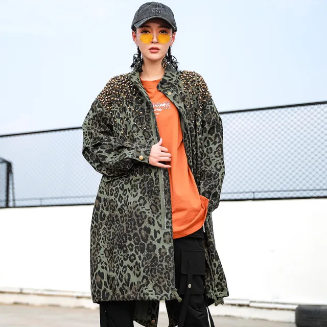 Mid Length Leopard Print Camouflage Rivet European Street Heavy Industry Trench Coat Leopard - Shop at LoveMi