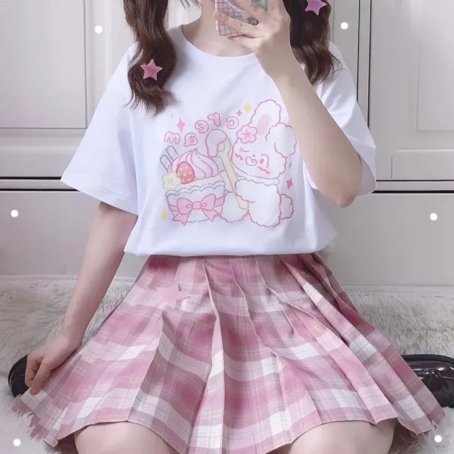 Cute Short Sleeved Female Student Girl Rabbit Cartoon Print Soft Sister T Shirt Female Loose White - Shop at LoveMi