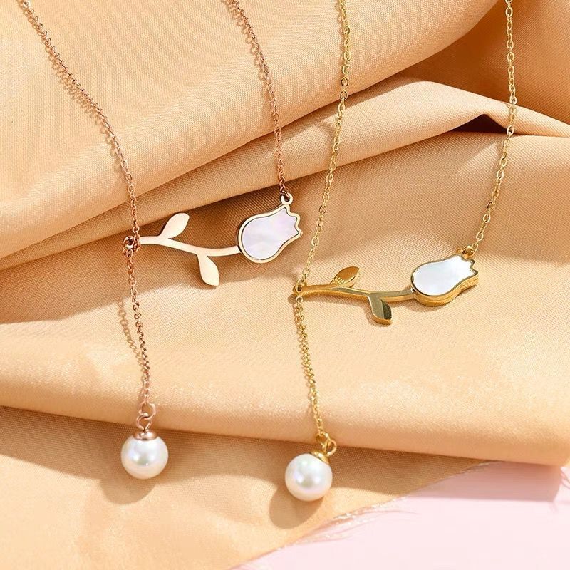 Coffee Gold Delicate Fairy Clavicle Chain Rose Flower Pearl Pendant Necklace