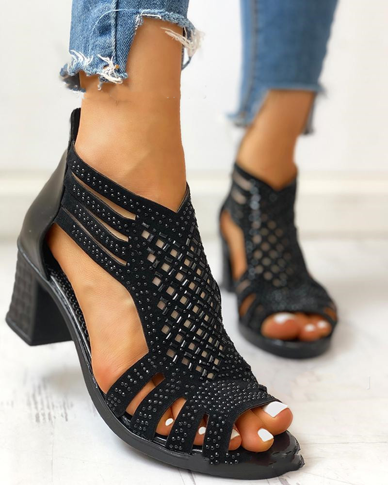 Rhinestone Women's Shoes Fish Mouth Fashion High Heels Thick Heel Roman Sandals Black - Shop at LoveMi
