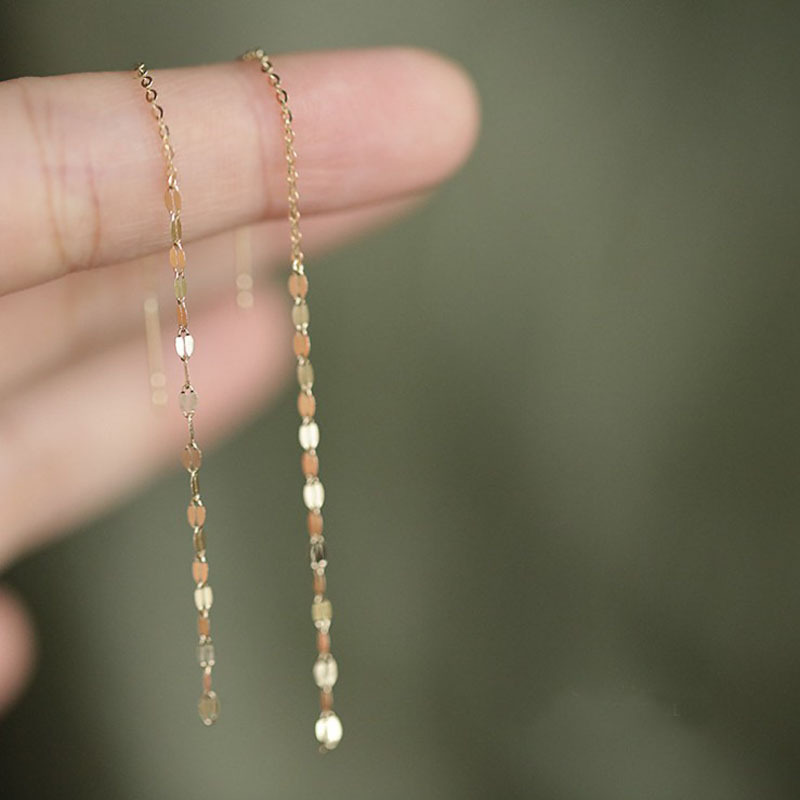 Temperament Sterling Silver 14K Gold Tassel Long Earrings