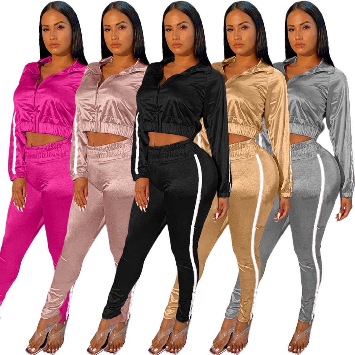 Fashion All-Gloss Material Luminous Strip Stitching Sports Two-Piece Suit