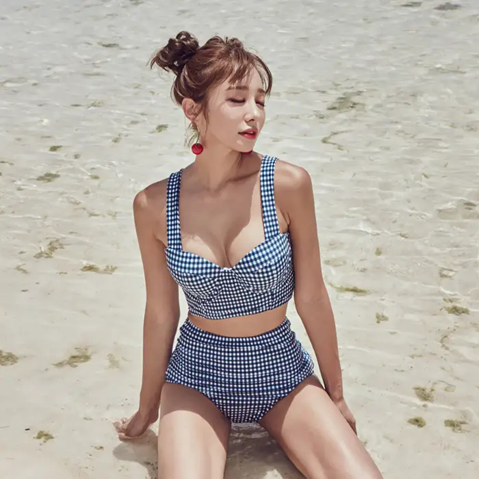 Girl Split Retro Plaid HighWaist Lace Bow Sexy Bikini SwimsuitWomen