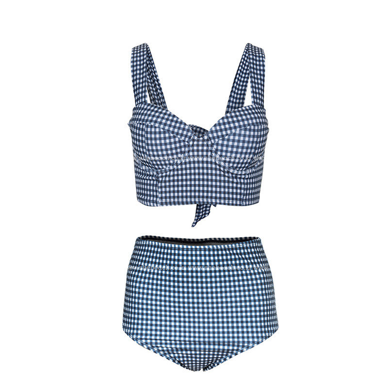 Girl Split Retro Plaid HighWaist Lace Bow Sexy Bikini SwimsuitWomen