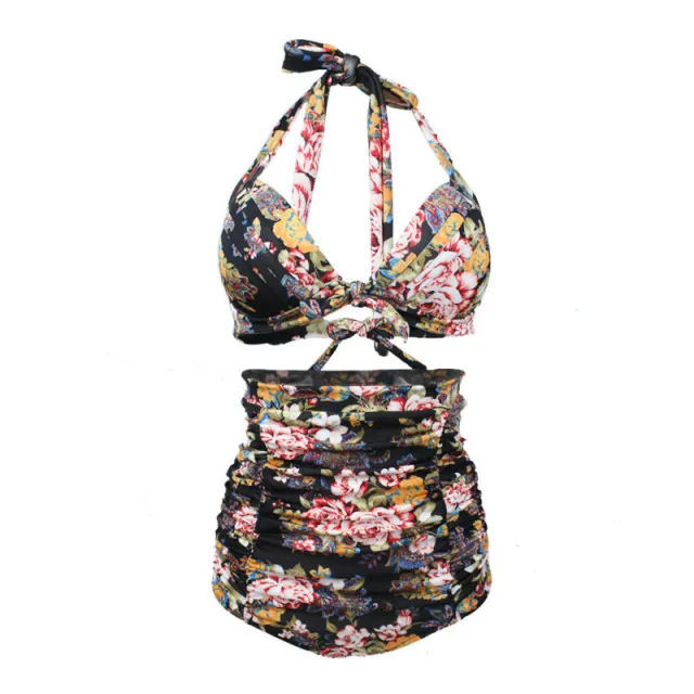 Two Piece Printed Bikini Swimsuit Retro Black - Shop at LoveMi