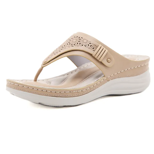 New Cross Border Round Head Fashion Flip Flops Hollow Female Sandals Apricot - Shop at LoveMi