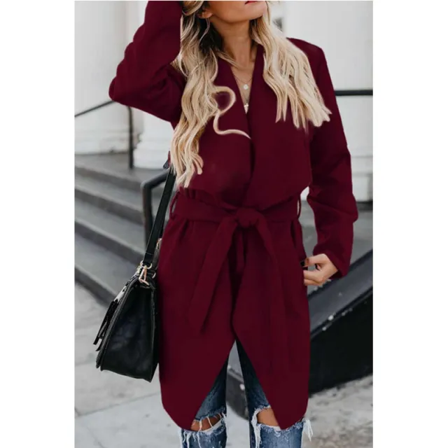 Lapel solid color long trench coat Red Wine - Shop at LoveMi