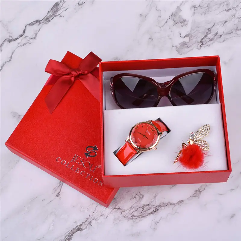 Women Watches Leather Quartz Wristwatch Sunglasses Corsage 3 Pcs