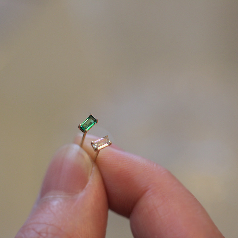 Gold Inlaid White Emerald Green Zircon Cold Wind Mini Temperament Simple Geometric Rectangular Diamond Small Earrings