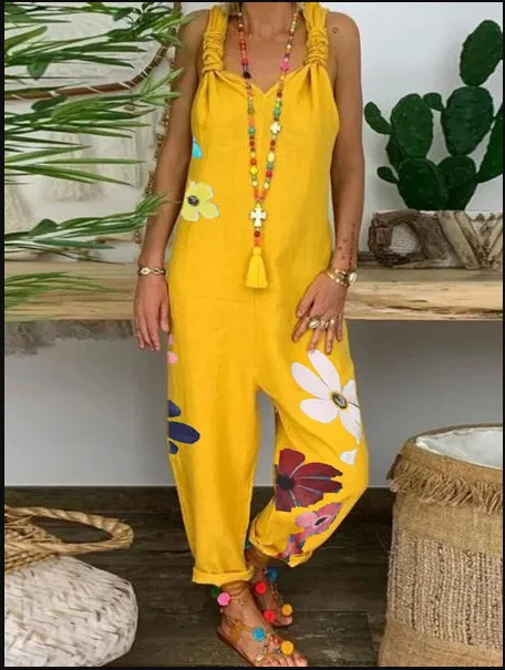 Spot Explosion Style Loose Casual Large Size Printed Siamese Bib Yellow - Shop at LoveMi