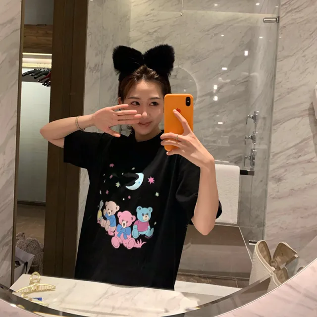 A Drop Hair Korean Style And Sweet Student Bear Print Short Sleeved Female T Shirt Black - Shop at LoveMi