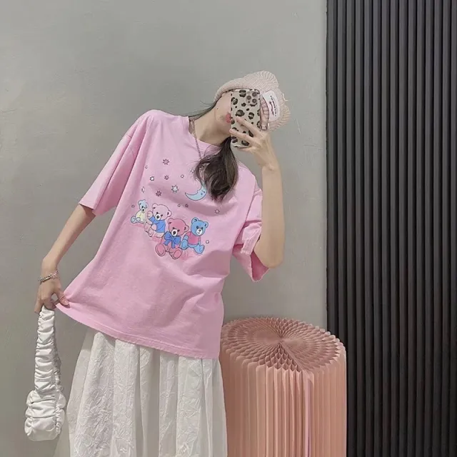 A Drop Hair Korean Style And Sweet Student Bear Print Short Sleeved Female T Shirt Pink - Shop at LoveMi