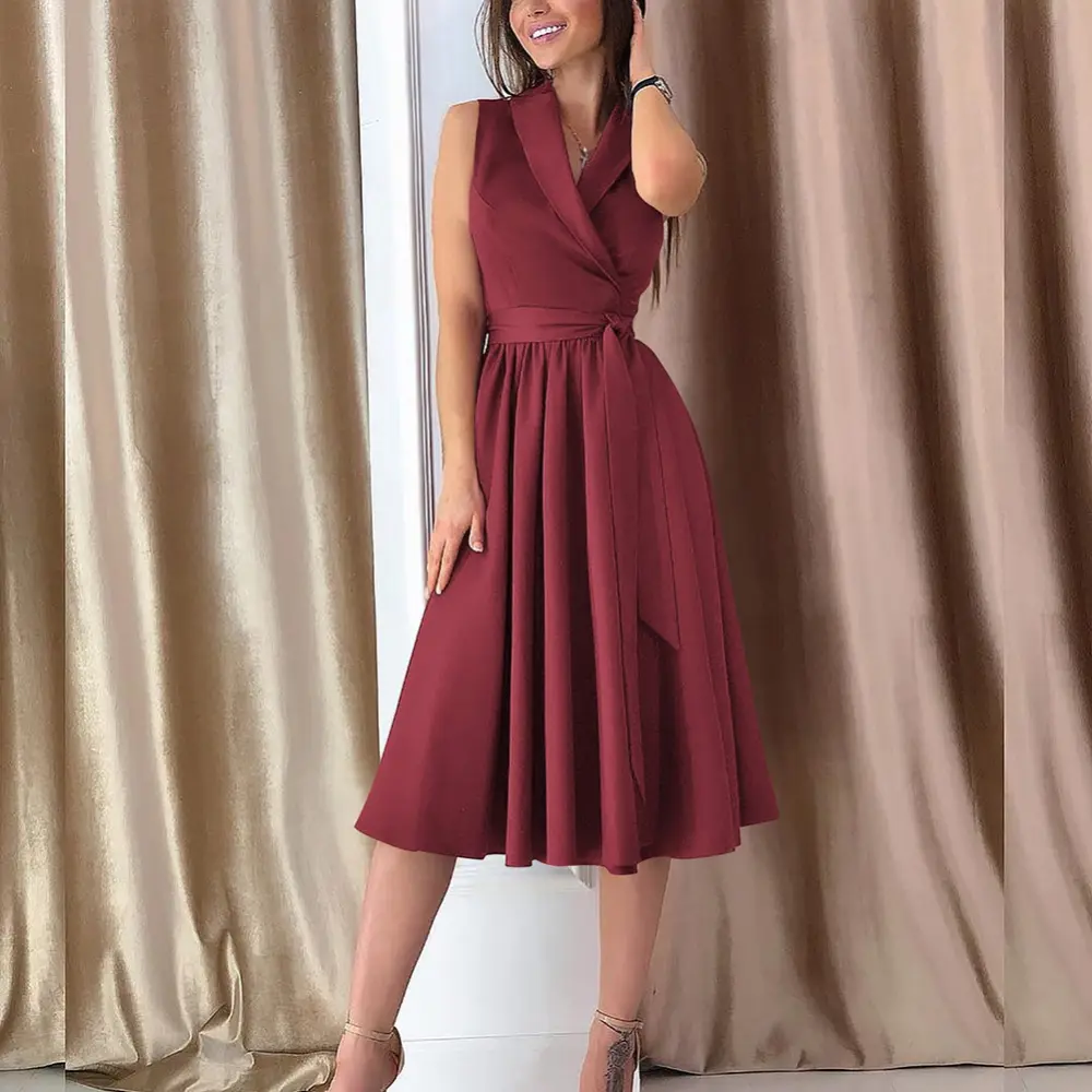 Dies Midi Dress Casual Sleeveless Belt Female New